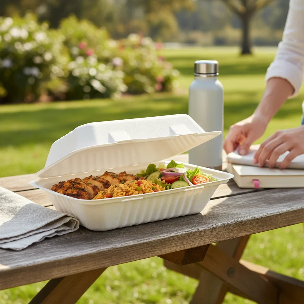 Food Packaging Direct 9x6x3 bagasse clamshell lunch box filled with grilled chicken salad on an outdoor picnic table