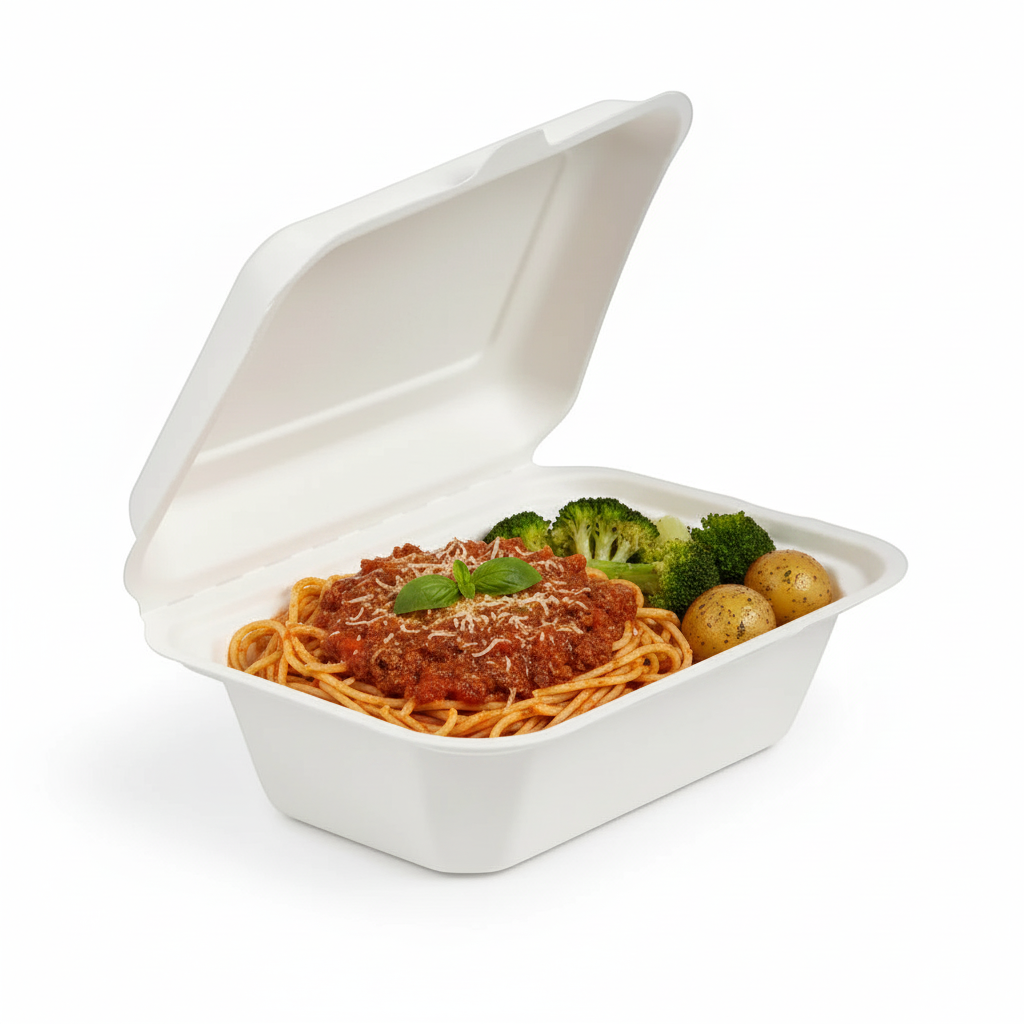 Food Packaging Direct white bagasse clamshell lunch box filled with spaghetti bolognese and broccoli