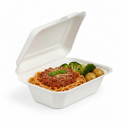 Food Packaging Direct white bagasse clamshell lunch box filled with spaghetti bolognese and broccoli