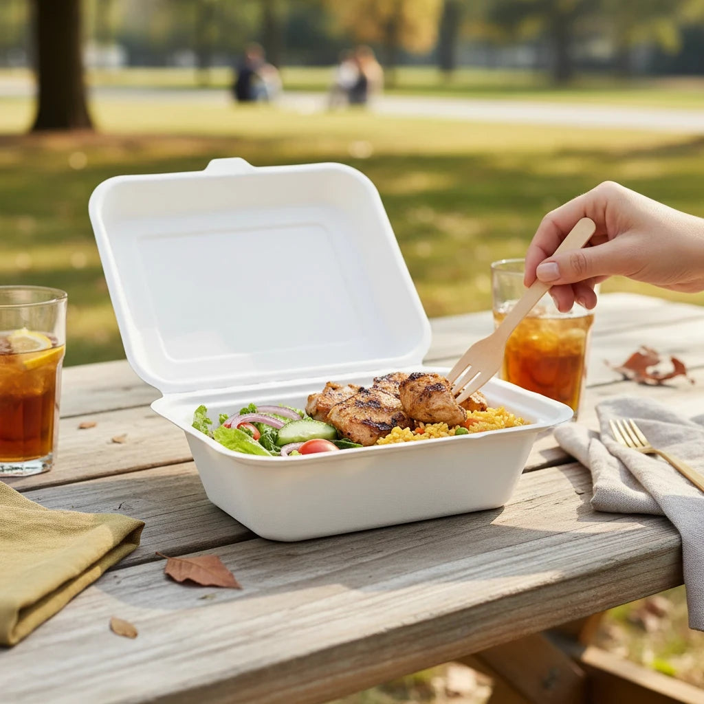 Food Packaging Direct 7x5 inch white bagasse clamshell lunch box filled with grilled chicken and salad on a picnic table