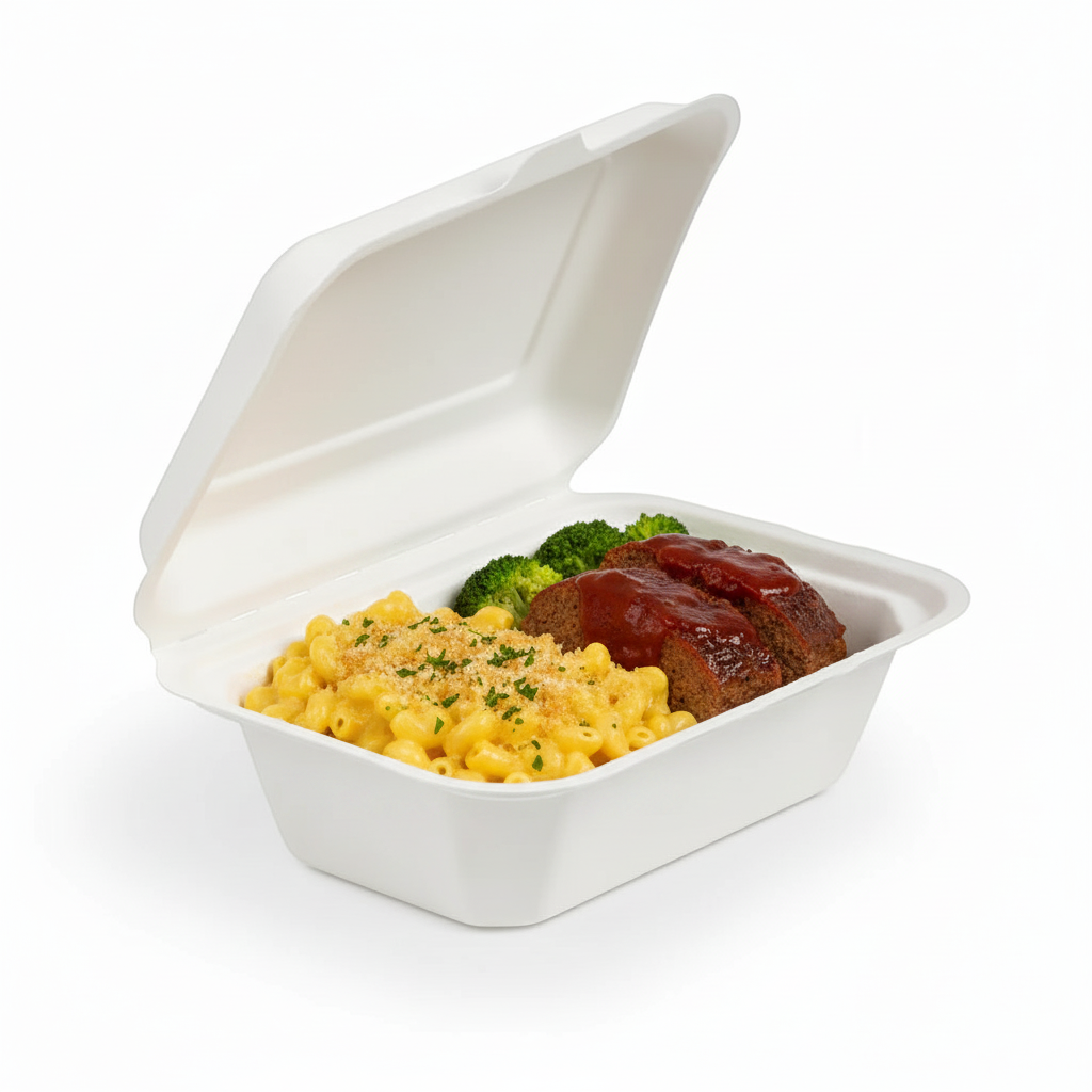 Food Packaging Direct 7x5 inch white bagasse clamshell lunch box filled with macaroni and cheese and meatloaf