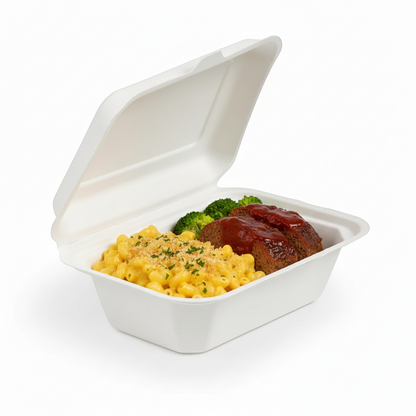 Food Packaging Direct 7x5 inch white bagasse clamshell lunch box filled with macaroni and cheese and meatloaf