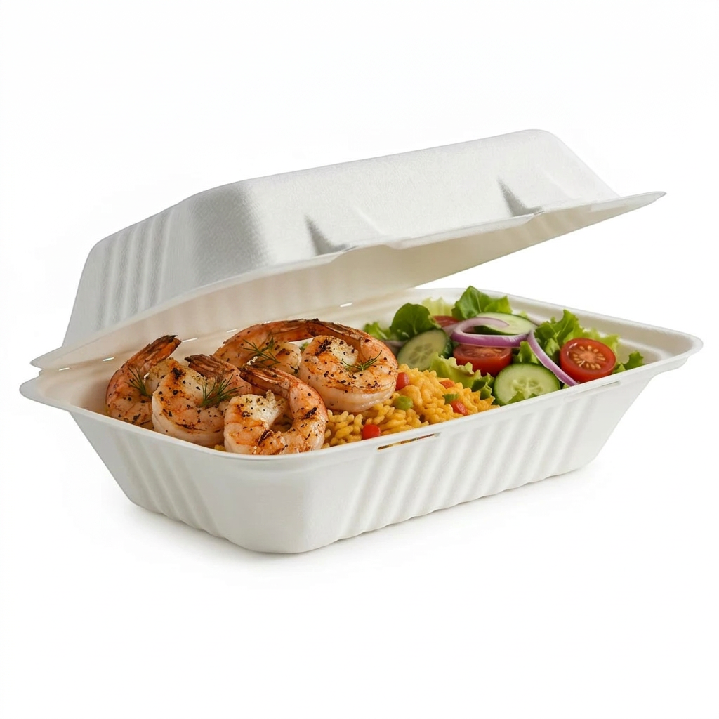 Food Packaging Direct 9x6x3 bagasse clamshell lunch box filled with shrimp, rice, and salad for eco-friendly takeaway.