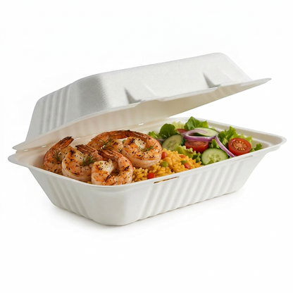Food Packaging Direct 9x6x3 bagasse clamshell lunch box filled with shrimp, rice, and salad for eco-friendly takeaway.