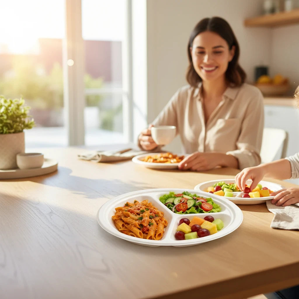 Food Packaging Direct 10-inch compostable bagasse 3-compartment round plates filled with pasta and fruit salad