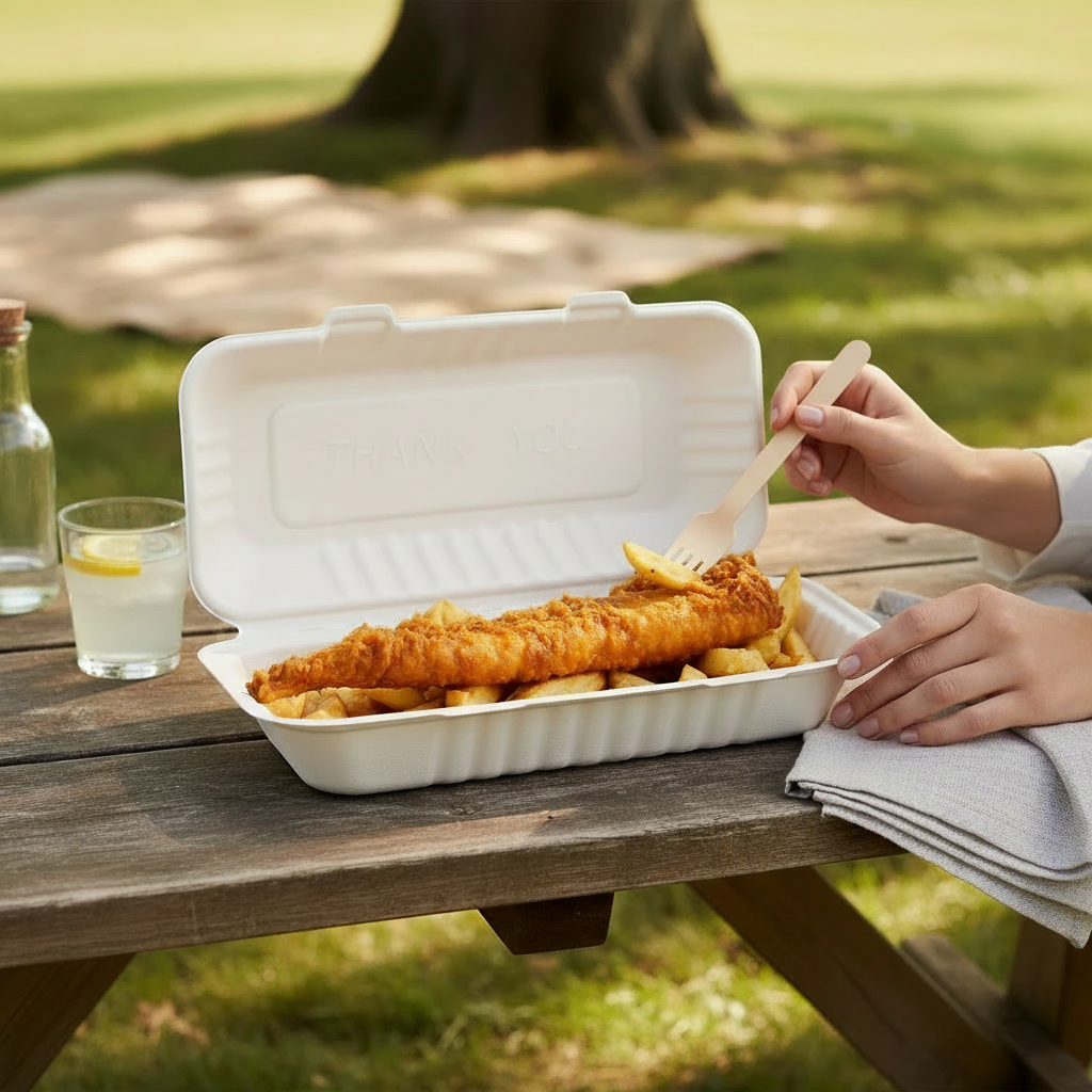 Food Packaging Direct extra large bagasse fish and chips box filled with food on a wooden picnic table outdoors.