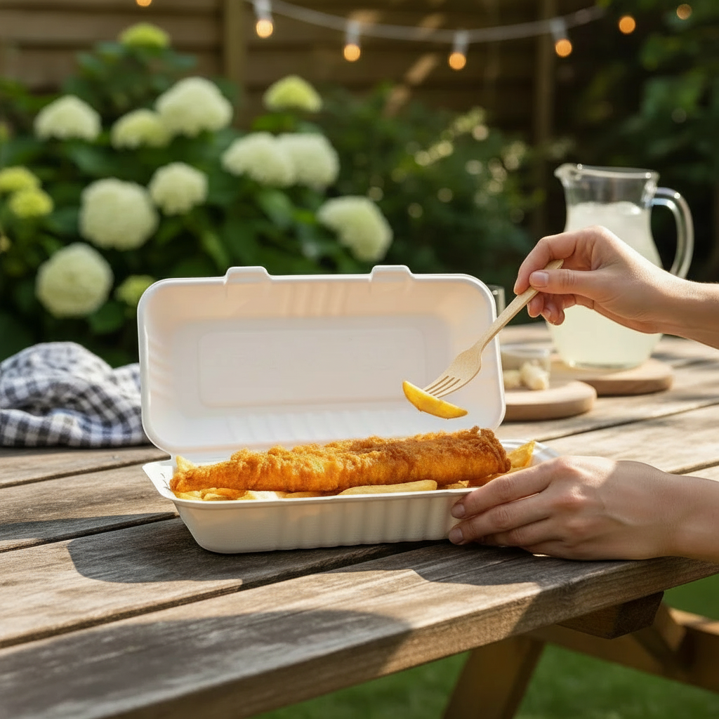 Food Packaging Direct extra large compostable bagasse fish and chips box with fried fish and chips on a wooden table