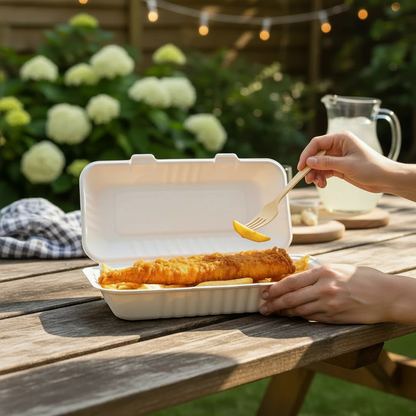 Food Packaging Direct extra large compostable bagasse fish and chips box with fried fish and chips on a wooden table
