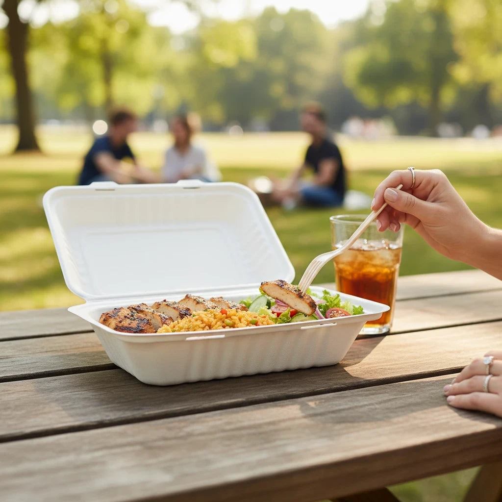 Food Packaging Direct 9x6x3 bagasse clamshell lunch box filled with grilled chicken and salad on a park picnic table