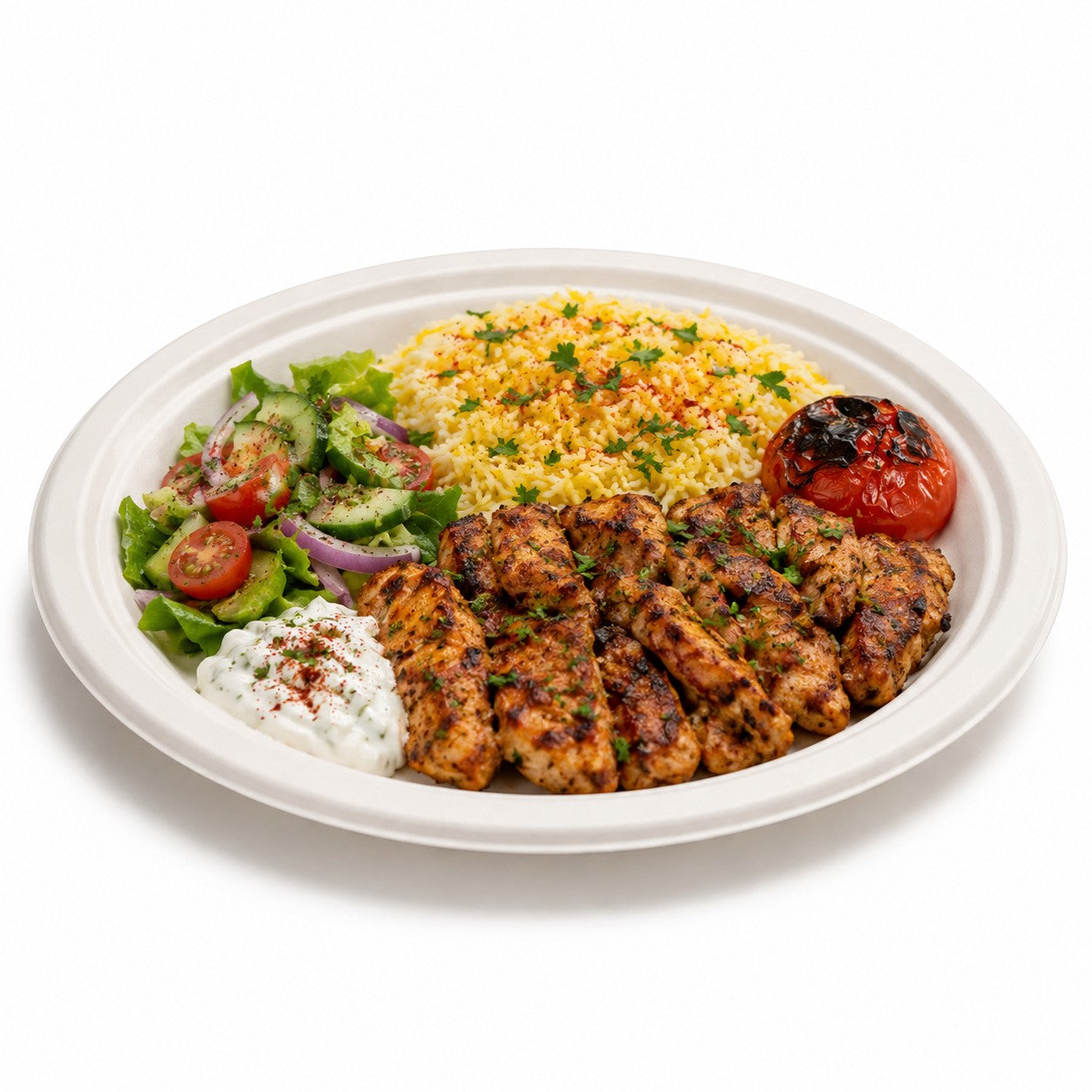 Food Packaging Direct 10-inch round compostable bagasse plate served with grilled chicken, rice, and fresh salad