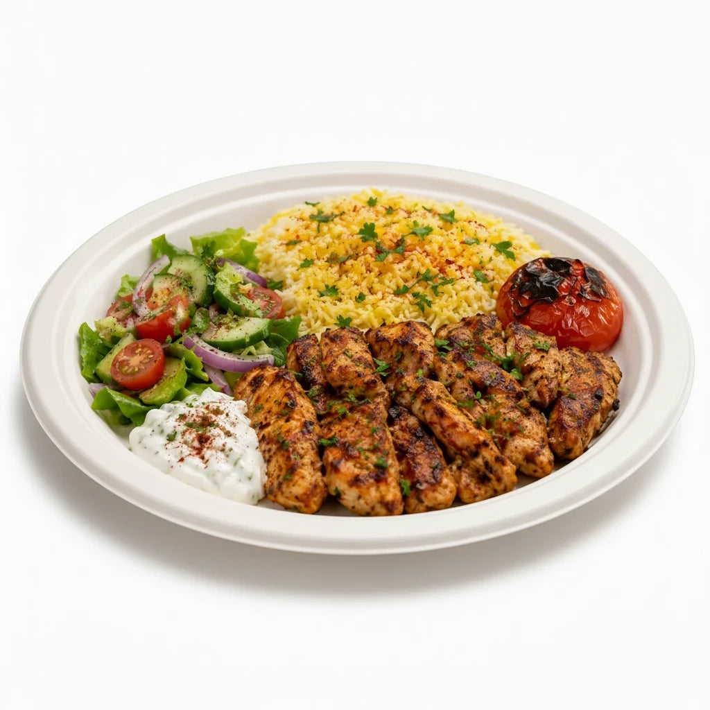 Food Packaging Direct 10-inch compostable bagasse plate filled with grilled chicken, rice, salad, and roasted tomato.