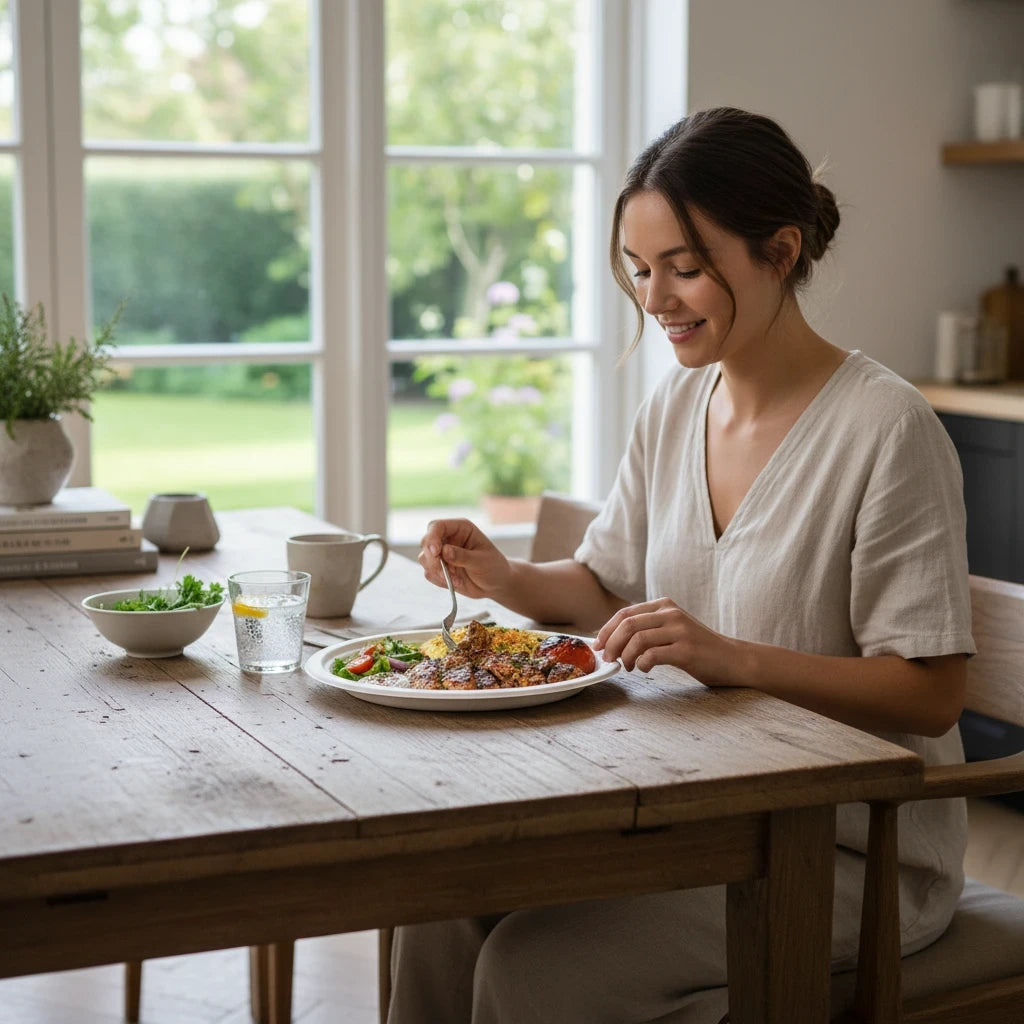 Food Packaging Direct 10-inch round bagasse plate with a meal, held by a woman at a wooden dining table.