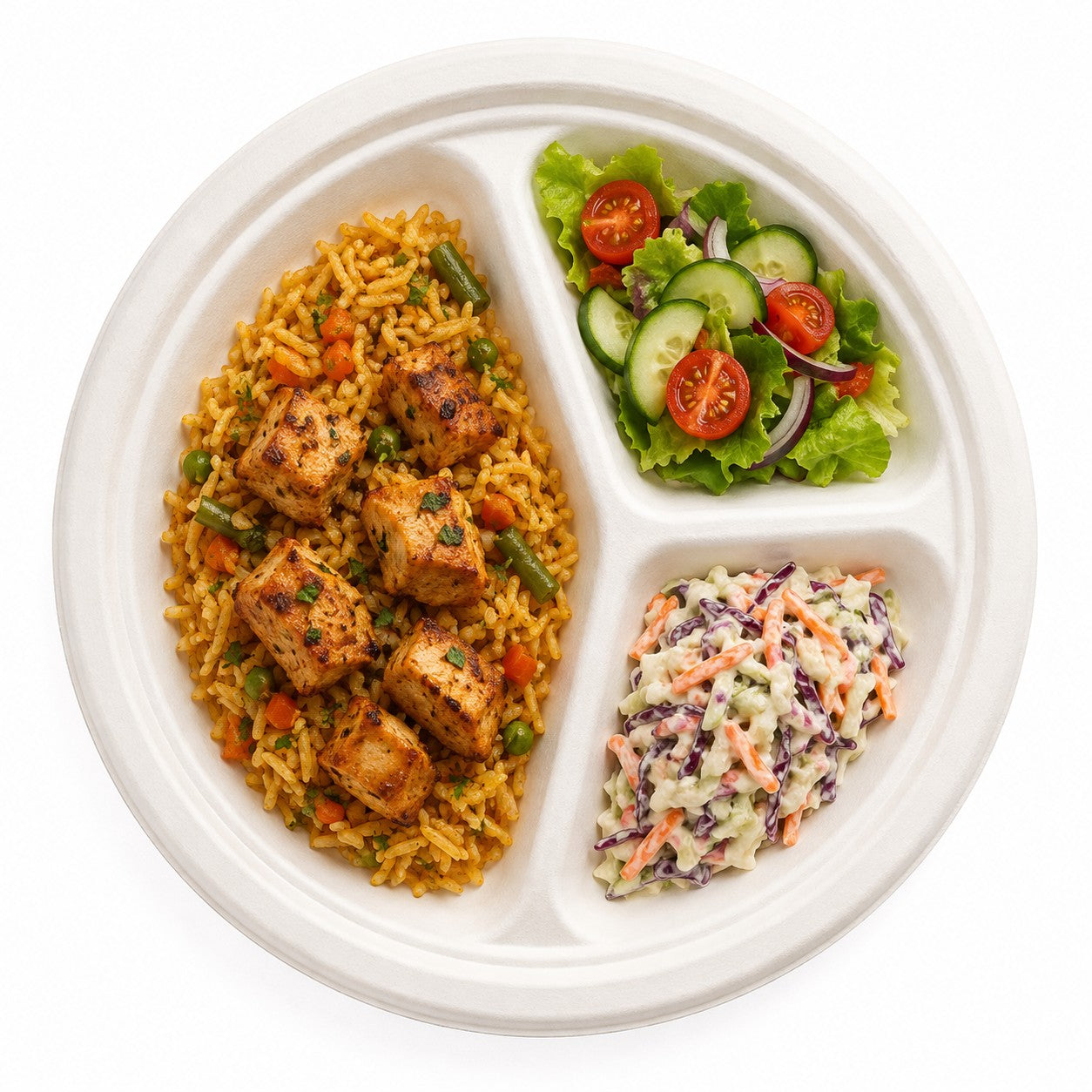 Food Packaging Direct 10-inch round bagasse plate with three compartments filled with rice, salad, and coleslaw.
