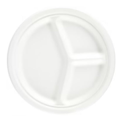 Food Packaging Direct 10-inch round compostable bagasse plate with three compartments for eco-friendly food service.
