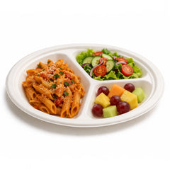 Food Packaging Direct 10-inch compostable bagasse round plate with three compartments filled with pasta and salad