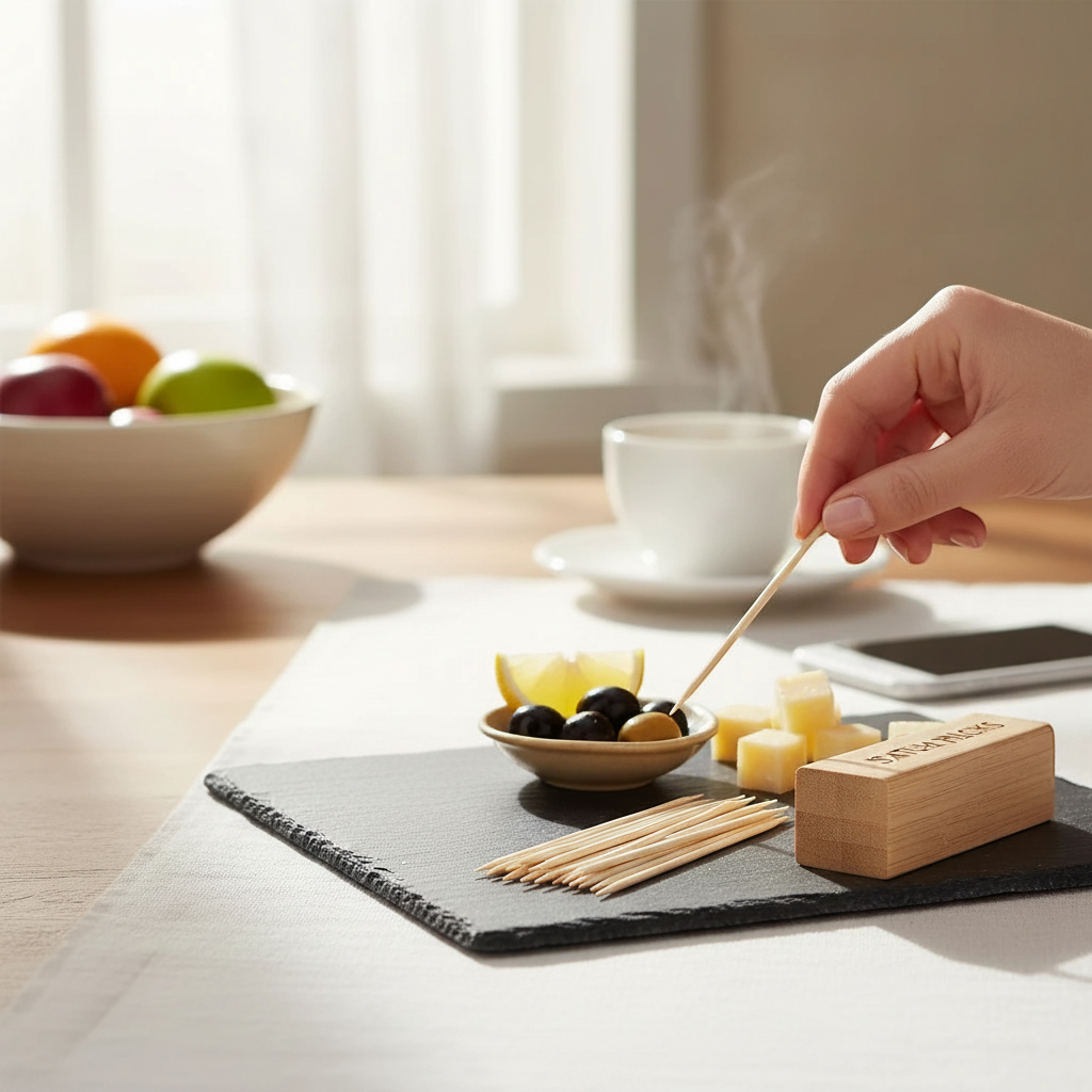 Food Packaging Direct birchwood cocktail sticks on a slate board with cheese and olives in a bright kitchen setting