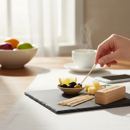 Food Packaging Direct birchwood cocktail sticks on a slate board with cheese and olives in a bright kitchen setting