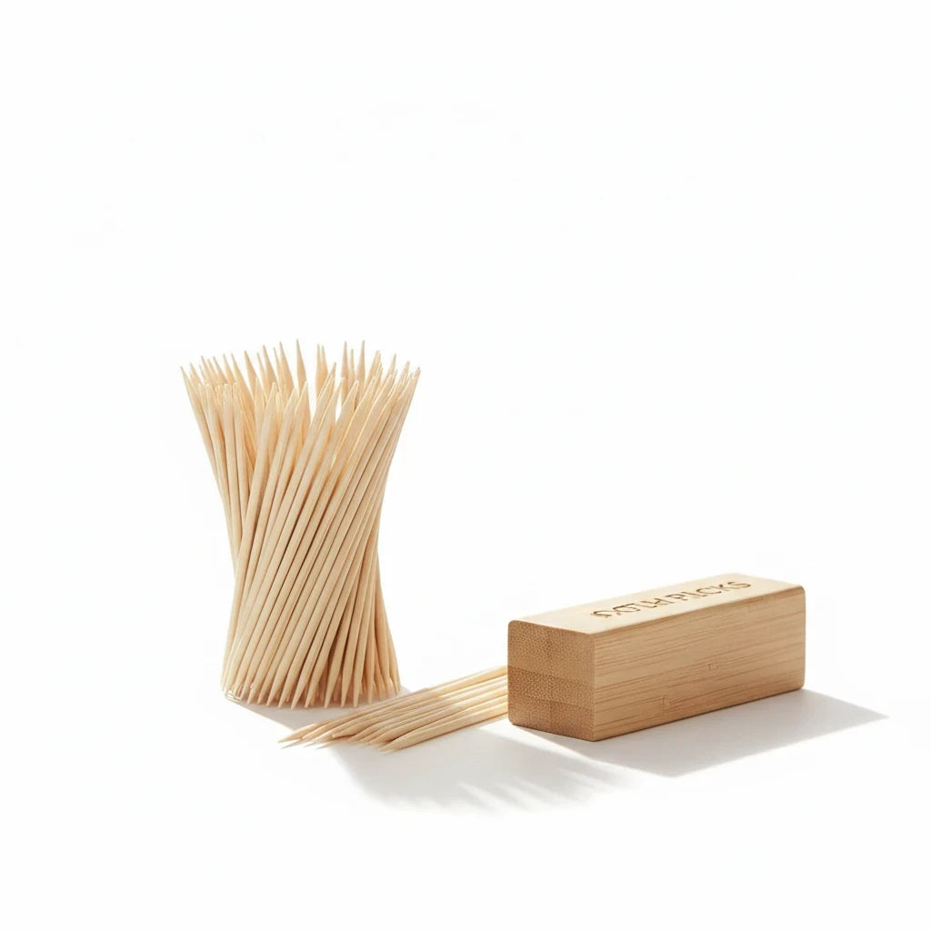 Food Packaging Direct birchwood cocktail sticks and toothpicks in a wooden holder on a white background