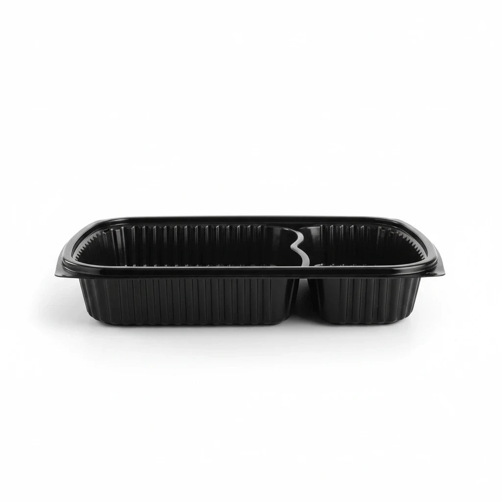 Food Packaging Direct Somoplast black 2-compartment microwavable food container with a 70/30 split for meal prep.