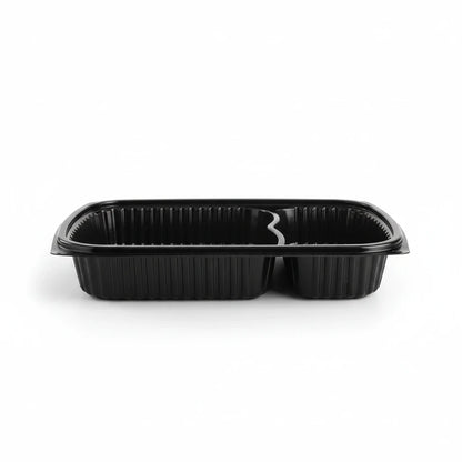 Food Packaging Direct Somoplast black 2-compartment microwavable food container with a 70/30 split for meal prep.