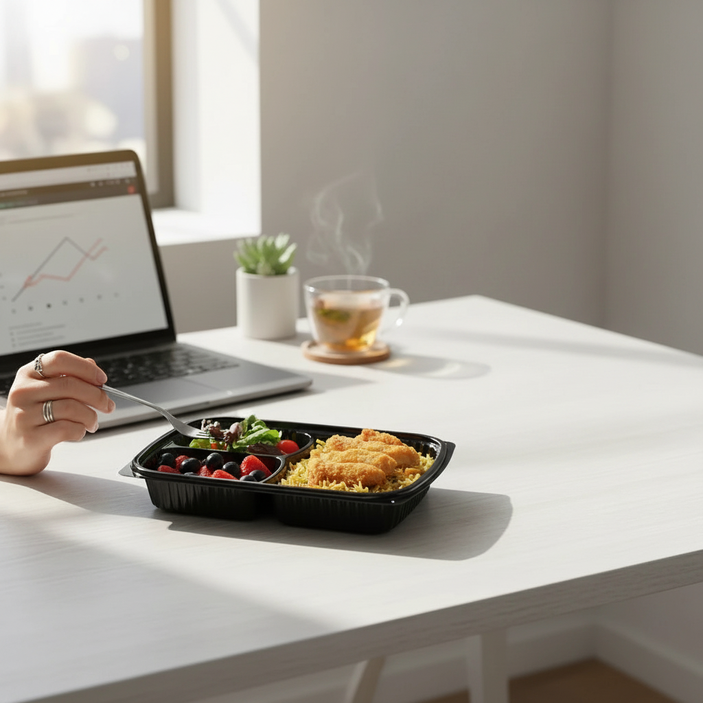 Food Packaging Direct black 3 compartment microwaveable container holding a meal on an office desk next to a laptop