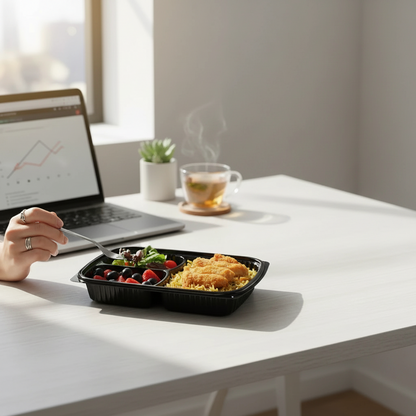 Food Packaging Direct black 3 compartment microwaveable container holding a meal on an office desk next to a laptop