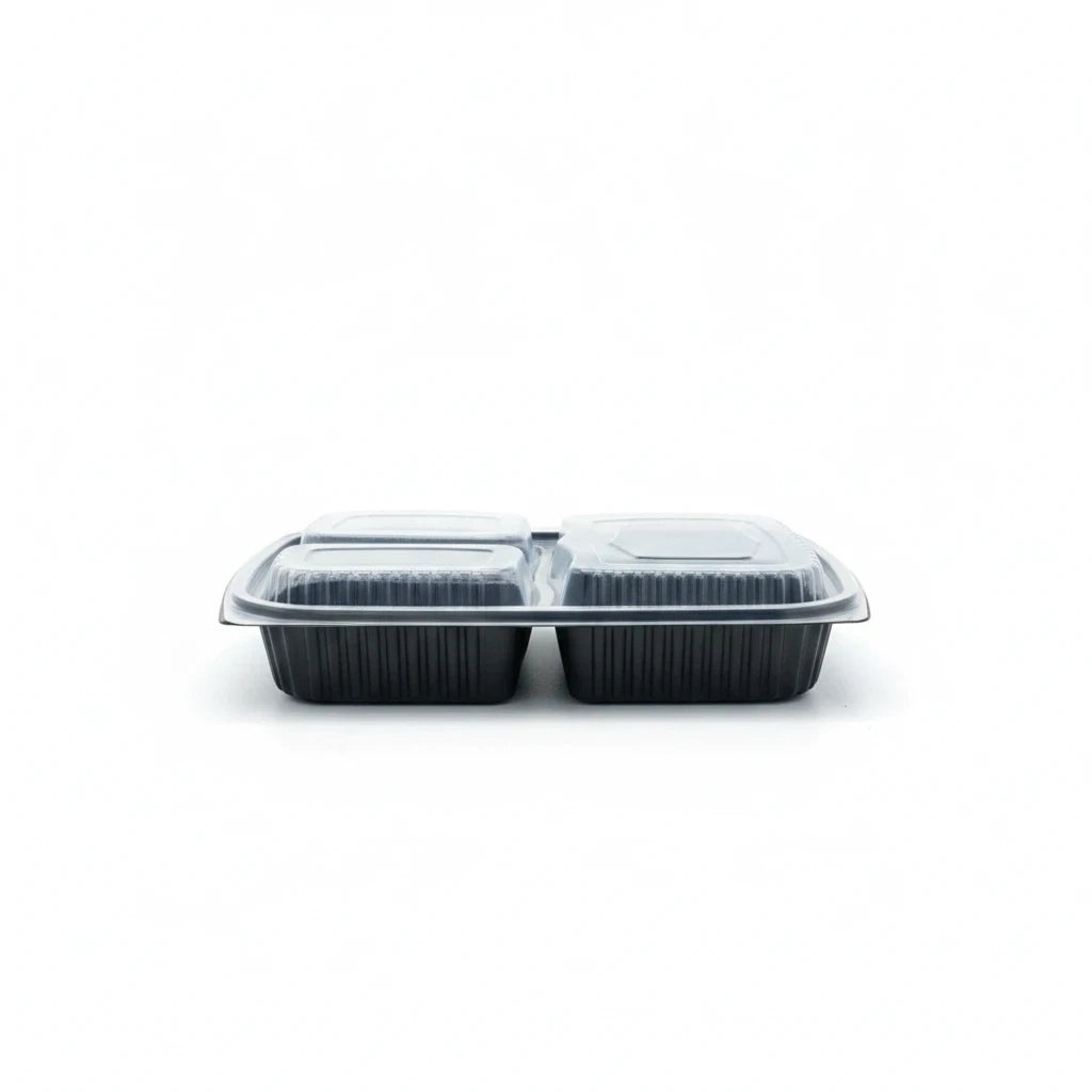 Food Packaging Direct black 3-compartment microwaveable food container base with a clear lid on a white background