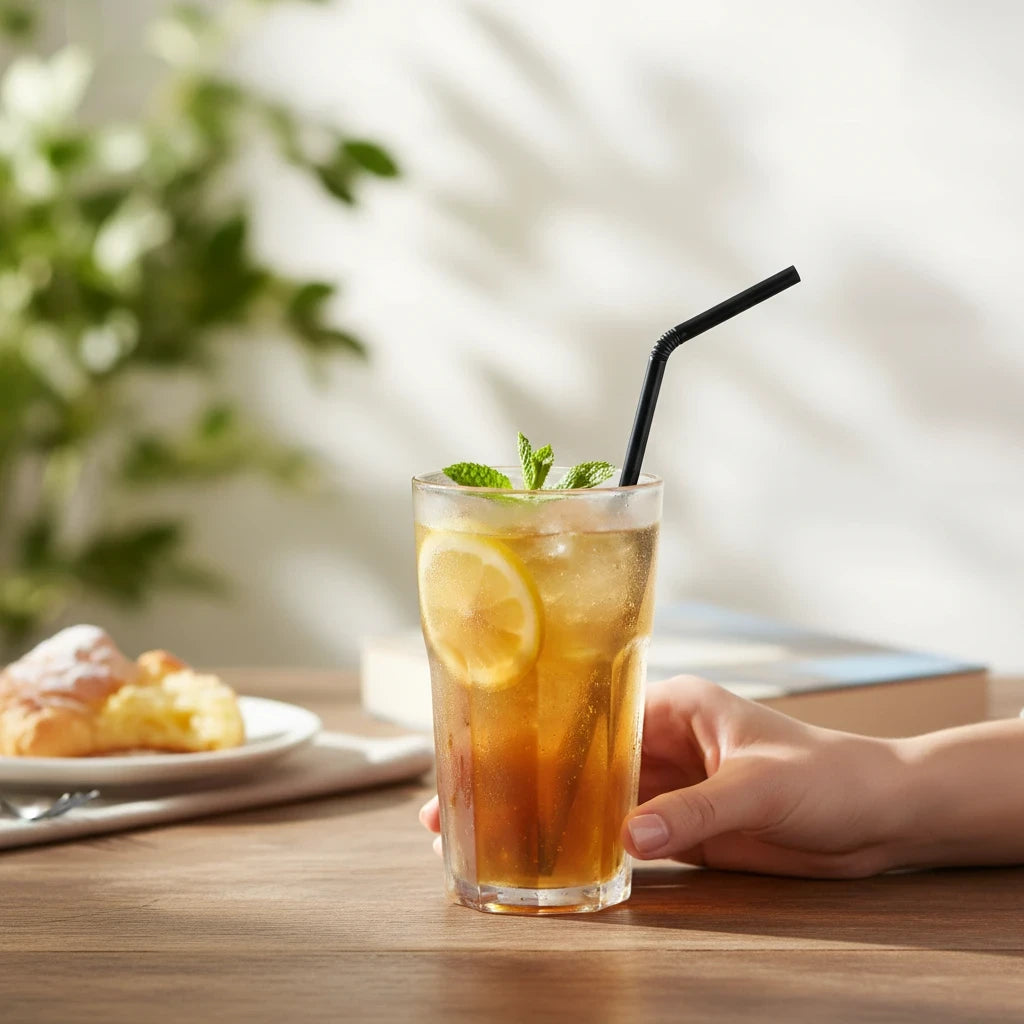 Food Packaging Direct black compostable flexi PLA straw in a glass of iced tea with lemon and mint on a wooden table