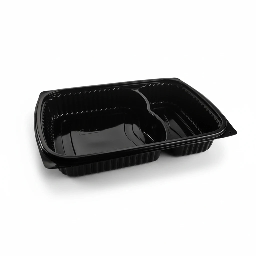 Food Packaging Direct black 2-compartment microwavable plastic food container with 70/30 split for meal prep