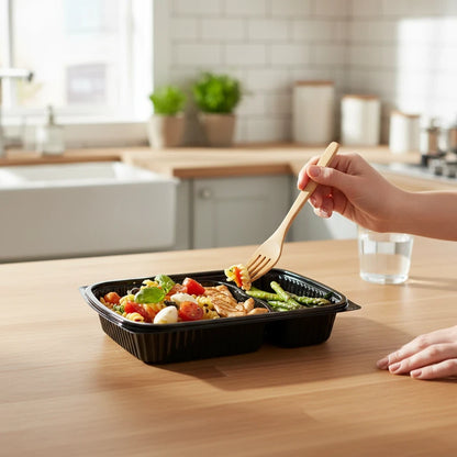 Food Packaging Direct black 2-compartment microwavable container with pasta and asparagus on a wooden kitchen table