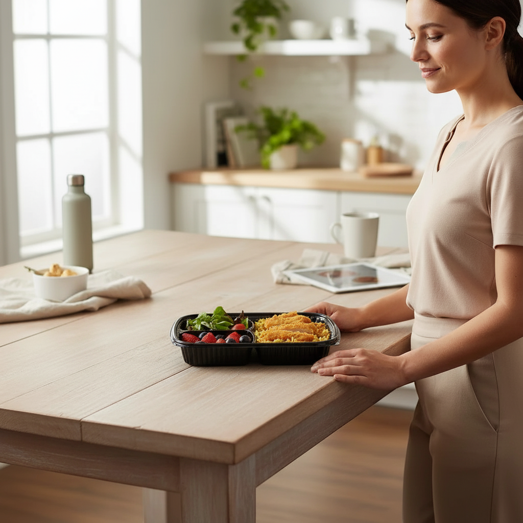 Food Packaging Direct black 3-compartment microwaveable meal prep container on a wooden table with a woman