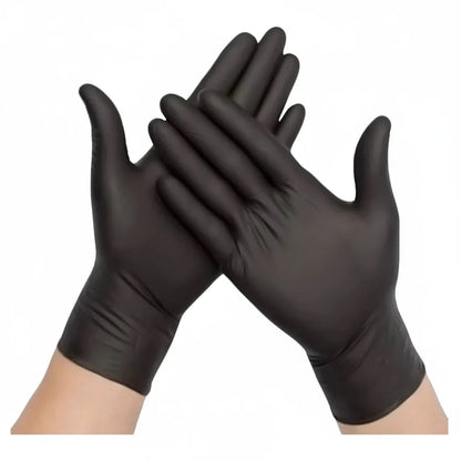 Food Packaging Direct black powder-free nitrile gloves worn on hands, suitable for food handling and safety.
