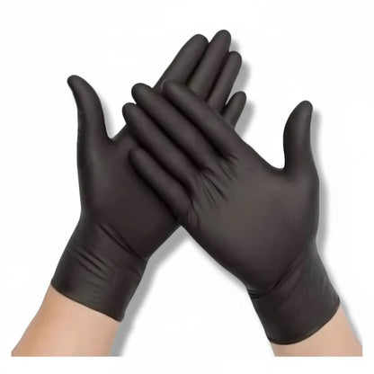 Food Packaging Direct black powder-free nitrile gloves worn on hands, ideal for food handling and safety.