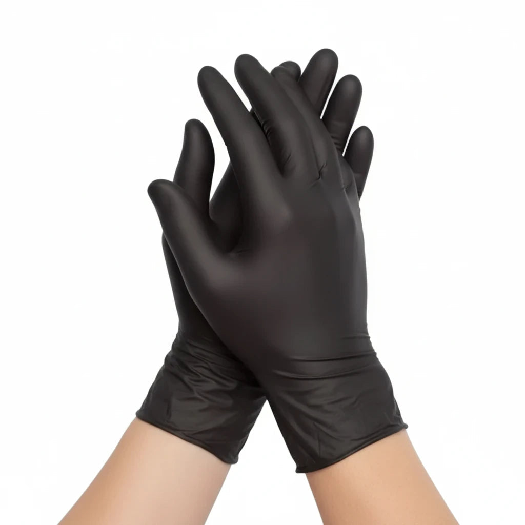 Food Packaging Direct black nitrile powder-free gloves worn on hands, ideal for food handling and safety.