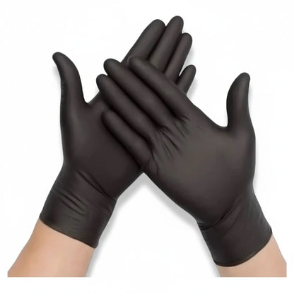 Food Packaging Direct black powder-free nitrile gloves worn on hands for food handling and professional safety