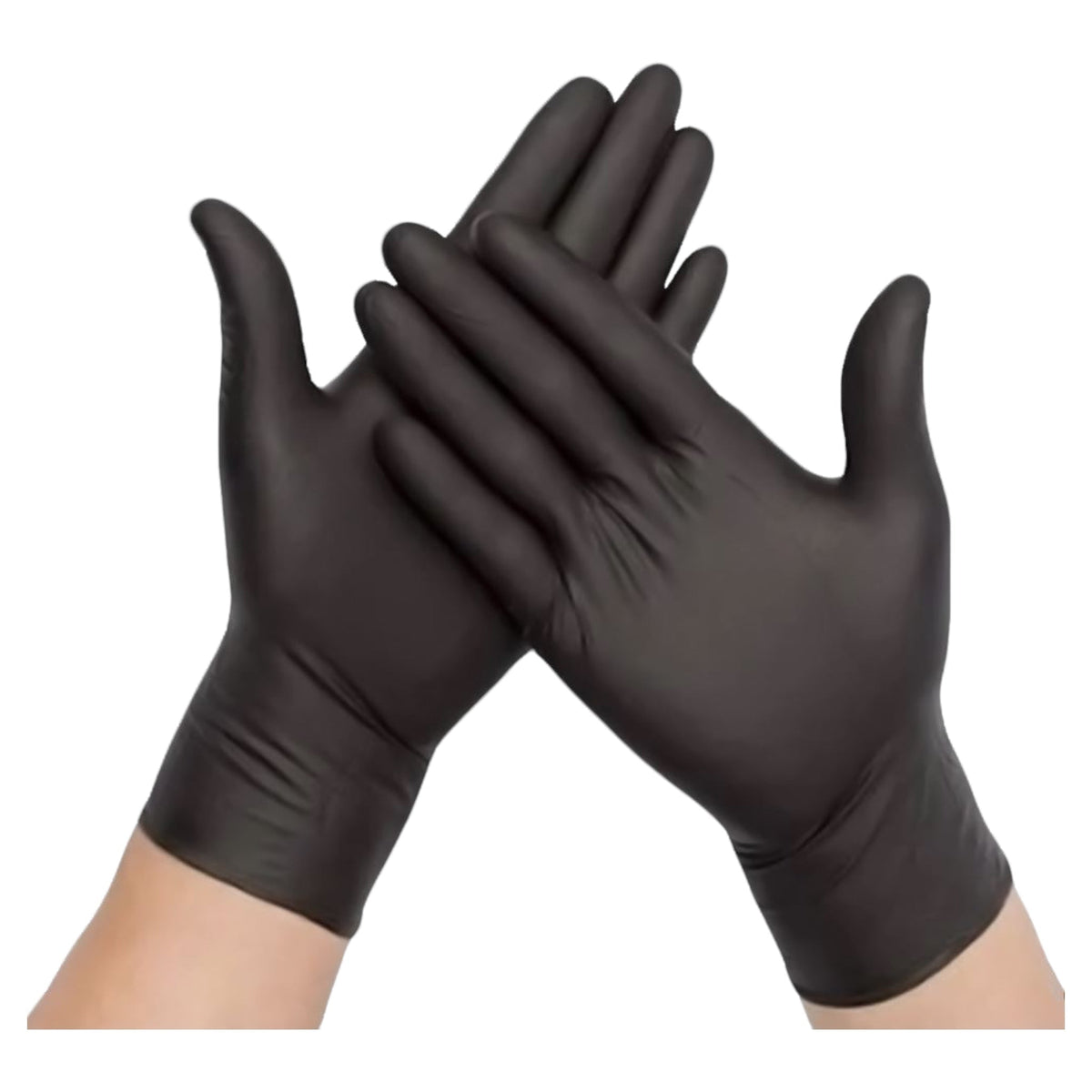 Food Packaging Direct black powder-free nitrile gloves worn on hands, suitable for food handling and safety.