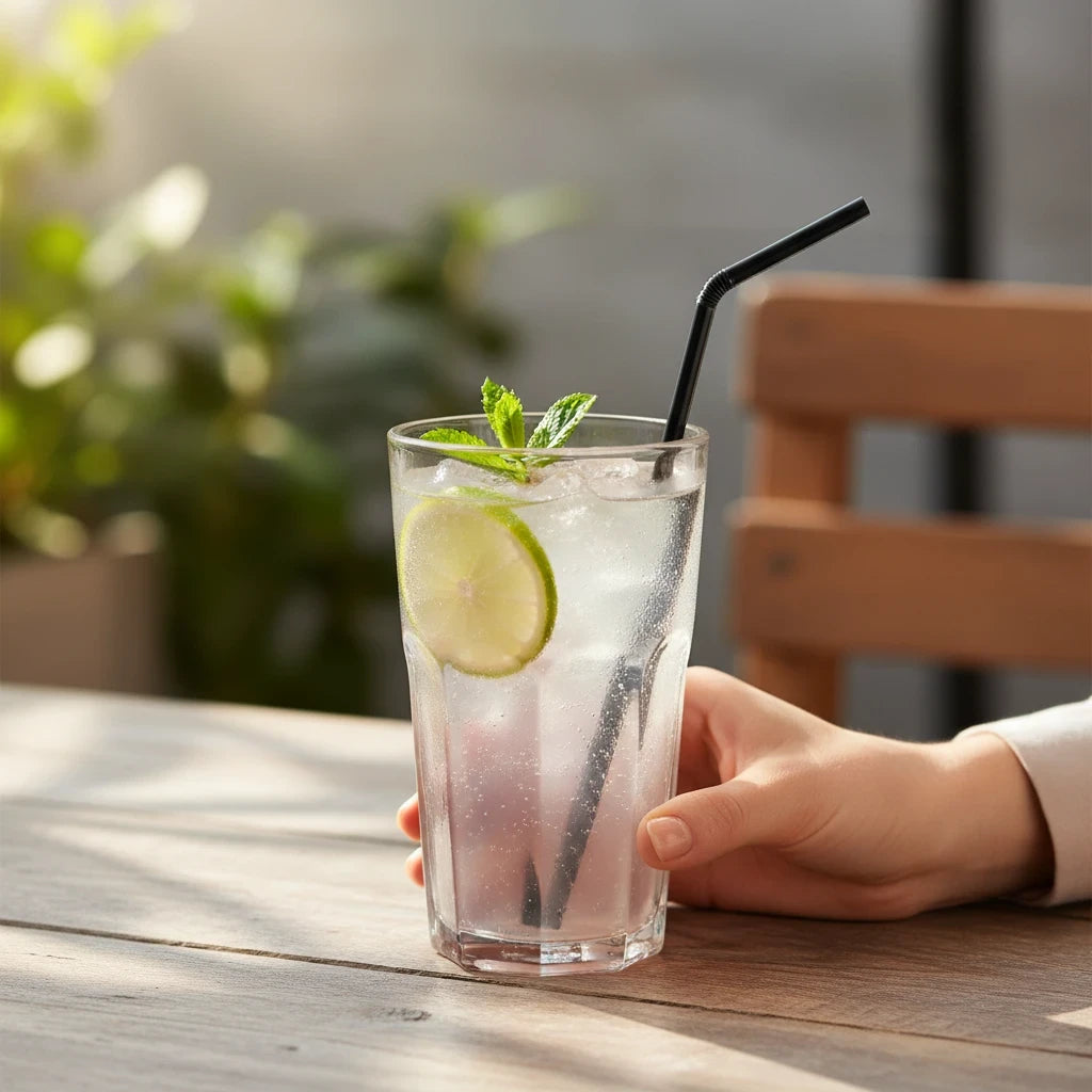 Food Packaging Direct black compostable PLA flexi straw in a glass of iced lime drink held by a hand on a wooden table