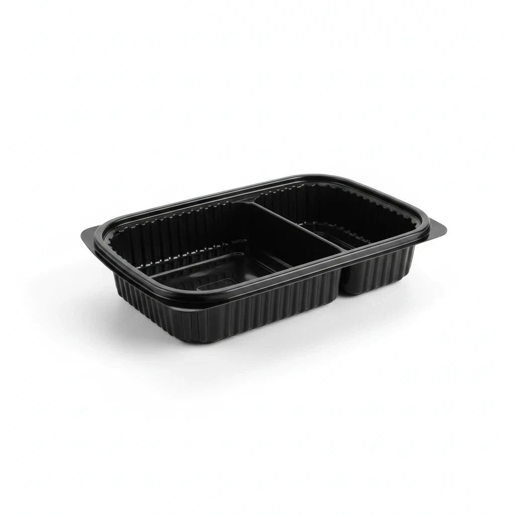 Food Packaging Direct black 70/30 two-compartment microwavable PP plastic food container with ribbed side walls