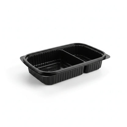 Food Packaging Direct black 70/30 two-compartment microwavable PP plastic food container with ribbed side walls