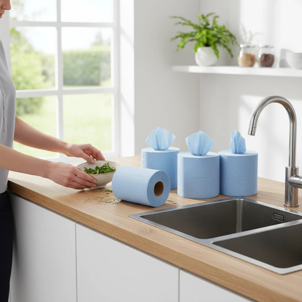 Food Packaging Direct blue 2-ply centrefeed paper rolls on a kitchen counter for cleaning and wiping tasks