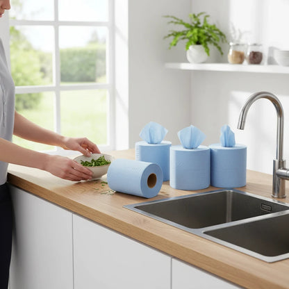 Food Packaging Direct blue 2-ply centrefeed paper rolls on a kitchen counter for cleaning and wiping tasks