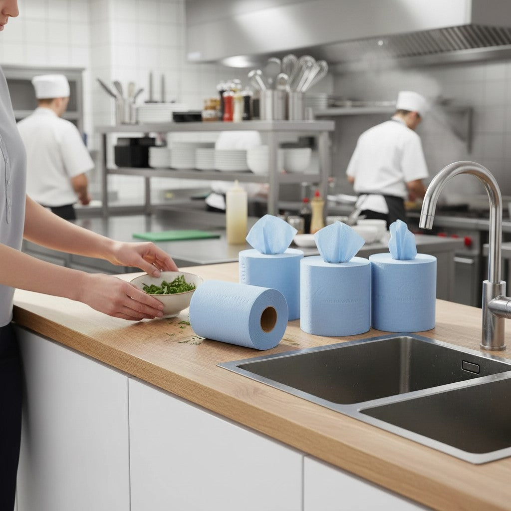 Food Packaging Direct blue 2-ply centrefeed paper rolls on a commercial kitchen counter for cleaning and wiping.