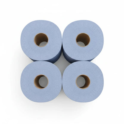 Four Food Packaging Direct blue embossed 2-ply centrefeed paper rolls for cleaning and spill absorption