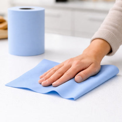 Food Packaging Direct blue 2-ply centrefeed paper roll being used to wipe a clean white kitchen countertop