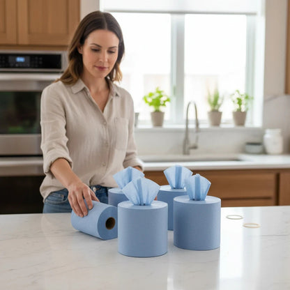 Food Packaging Direct blue 2-ply centrefeed paper rolls on a kitchen counter with a woman reaching for one