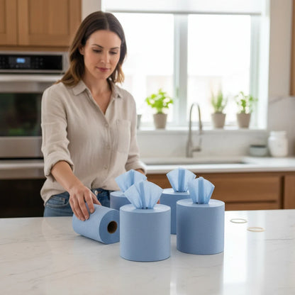 Food Packaging Direct blue 2-ply centrefeed paper rolls on a kitchen counter with a woman reaching for one