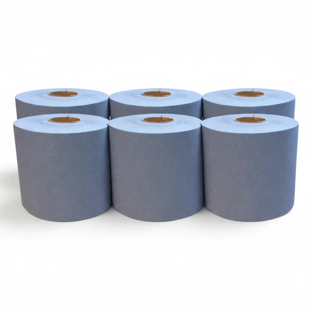 Food Packaging Direct blue embossed 2-ply centrefeed paper rolls for general cleaning and spill absorption