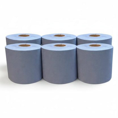 Food Packaging Direct blue embossed 2-ply centrefeed paper rolls for general cleaning and spill absorption