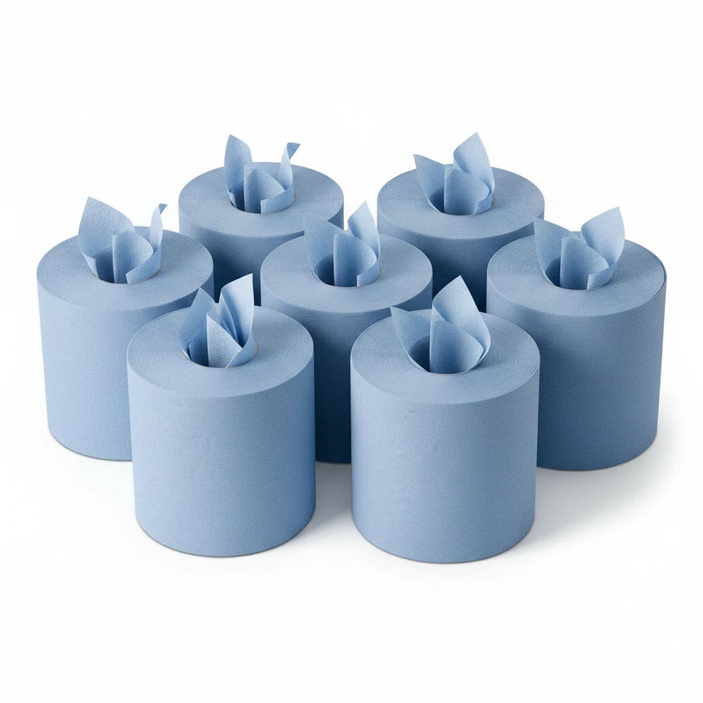 Food Packaging Direct blue 2-ply centrefeed paper rolls for cleaning and wiping tasks