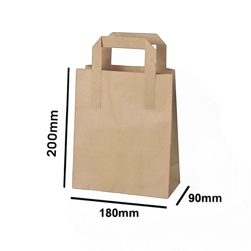 Food Packaging Direct brown kraft paper SOS carrier bag with flat base and paper tape handles for takeaway food